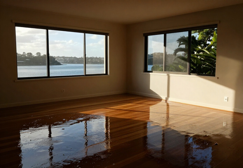Water-damaged living room in Dolans Bay before restoration